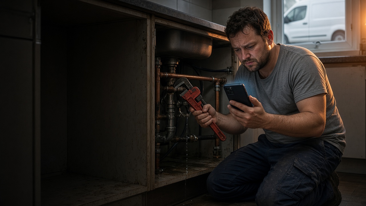 A tradesman kneeling at a leaking kitchen sink, wrench in one hand, looking down at his ringing phone